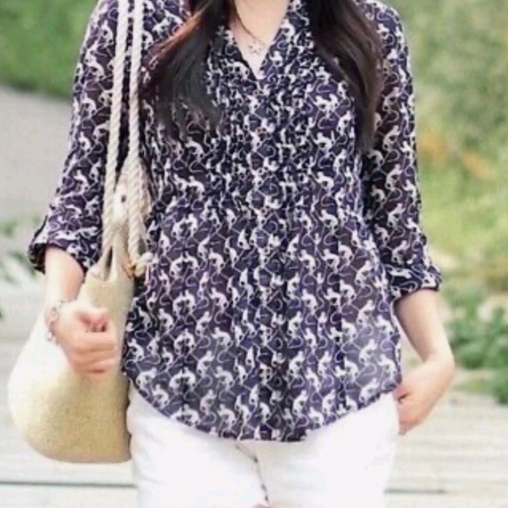 Maeve Anthropologie Jungle Monkey Print Purple Sheer Button Down Blouse Size 0
